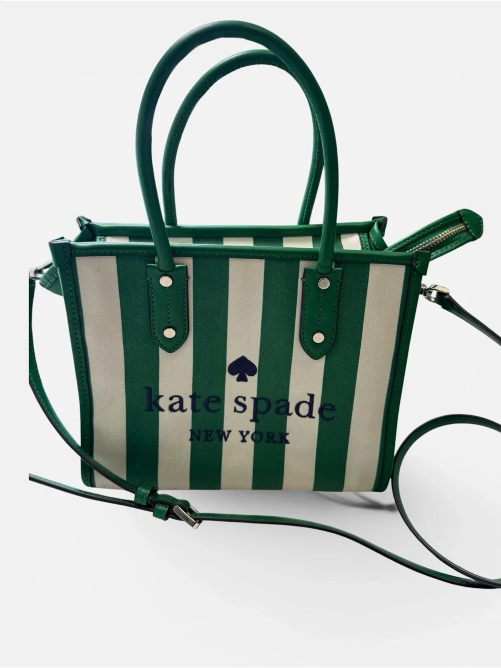 kate spade Green & Cream Striped Mini Tote with Navy Logo